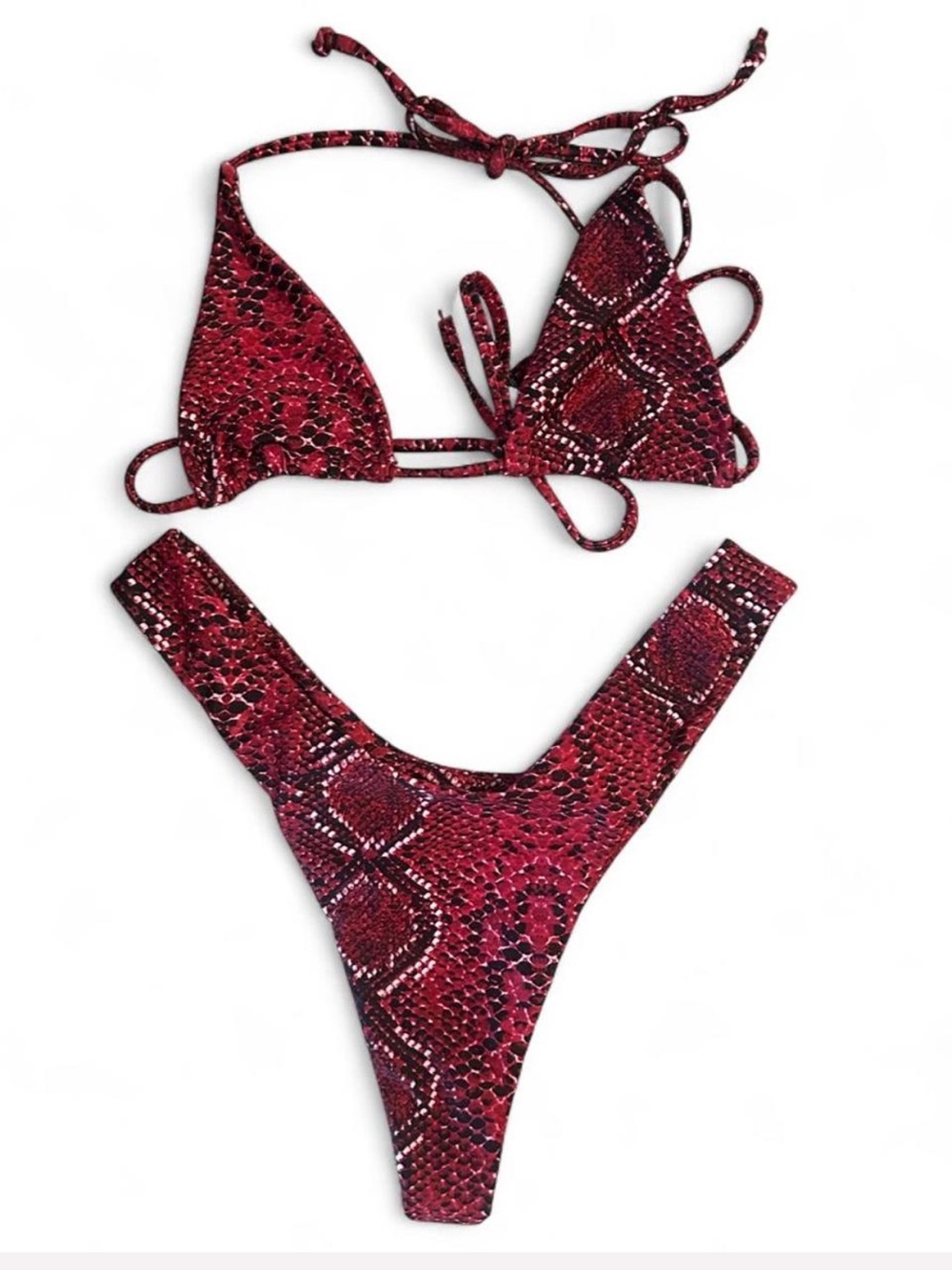 Burgundy Snakeskin Print String Bikini Set Cheeky Micro Swim Size S